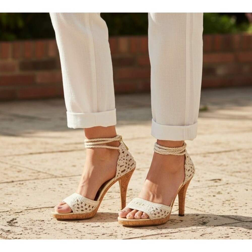 DESIGNER MICHAEL KORS IVORY CROCHET CORK HIGH HEELS STRAPPY SANDALS 8.M - Picture 11 of 14
